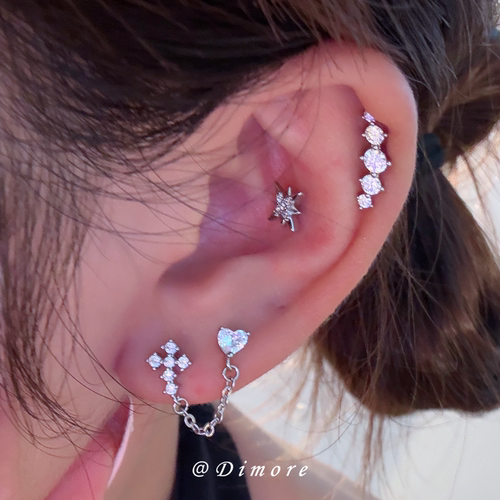 Dimore锆石十字架链条耳钉医用钛钢耳骨钉睡觉免摘耳蜗钉耳饰女