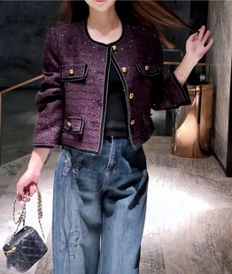 2024早秋新款轻奢浪漫高级显贵暗夜紫丝绒小香风粗花呢外套上衣
