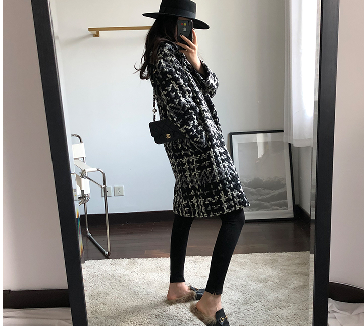 小香风黑白千鸟格中长款毛呢外套