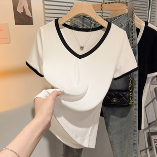 短袖 夏装 女内搭修身 v领打底衫 T恤正肩百搭螺纹冰丝上衣 2024年新款
