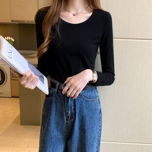 纯棉黑色打底衫 低领白色t恤百搭春秋衣紧身上衣服 女秋冬内搭长袖