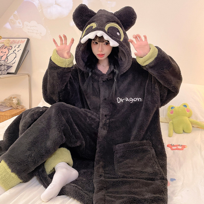 秋冬季加厚睡袍女士珊瑚绒浴袍睡衣女加长款加肥加大码家居服套装