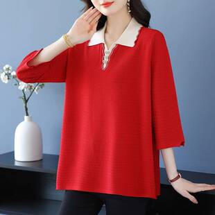 t恤女加肥加大宽松上衣 洋气翻领七分袖 胖妈妈春秋薄款 冰丝针织衫
