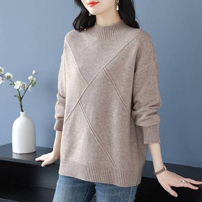 胖妈妈加肥加大码半高领毛衣秋冬宽松遮肚时尚厚款羊毛衫打底衫女