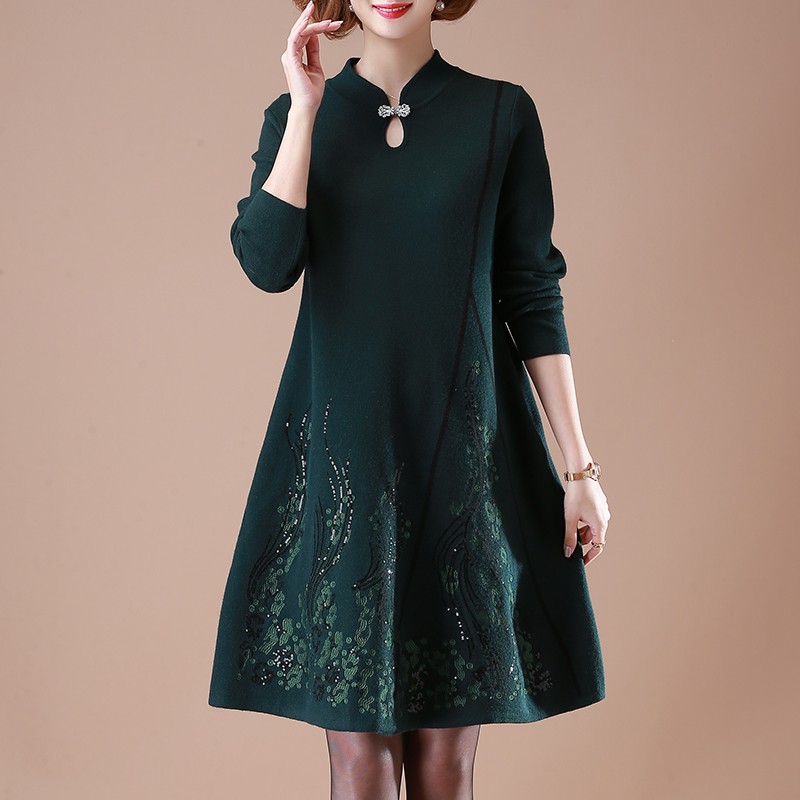 婚宴礼服妈妈秋冬装针织旗袍连衣裙中老年女本命年红色打底毛衣裙