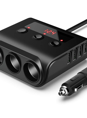 加热坐垫车载点烟器一拖三带开关电压显示4USB汽车点烟器充电120W