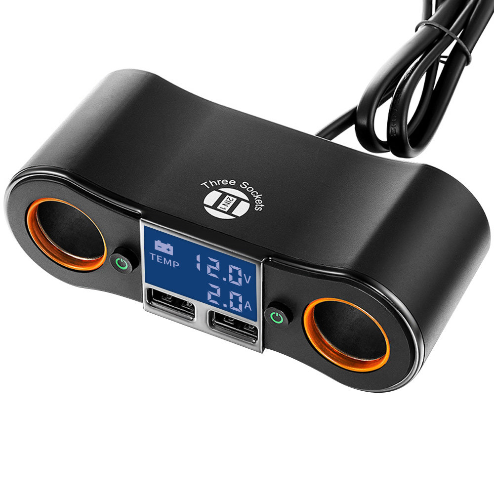 车载点烟器一拖二带双USB独立开关电压显示汽车充电器QC3.0快充