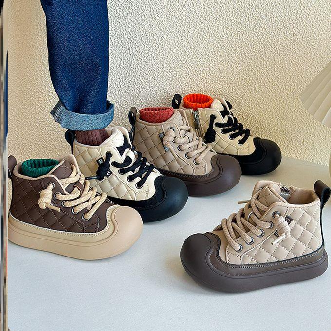 儿童靴子2025冬季新款男童鞋子女童皮靴二棉加绒短靴软底防踢保暖