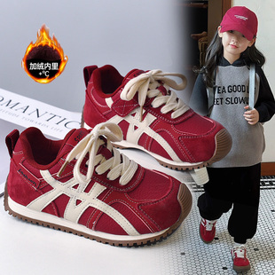 女童二棉鞋红色2025秋冬儿童阿甘鞋透气宝宝男童运动鞋加绒休闲鞋