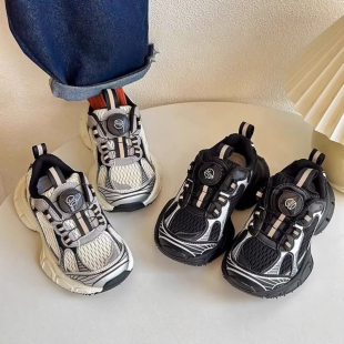 子老爹鞋 儿童运动鞋 软底男童鞋 新款 旋转纽扣男孩 网面透气2025春季