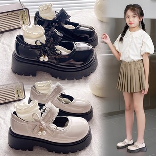 女童小皮鞋2025新款春秋季中大童女孩珍珠洛丽塔儿童黑色演出单鞋