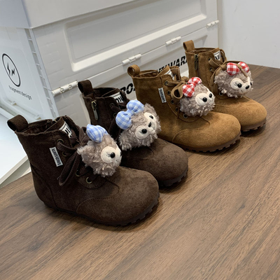 女童短靴子公主单靴卡通反毛秋冬