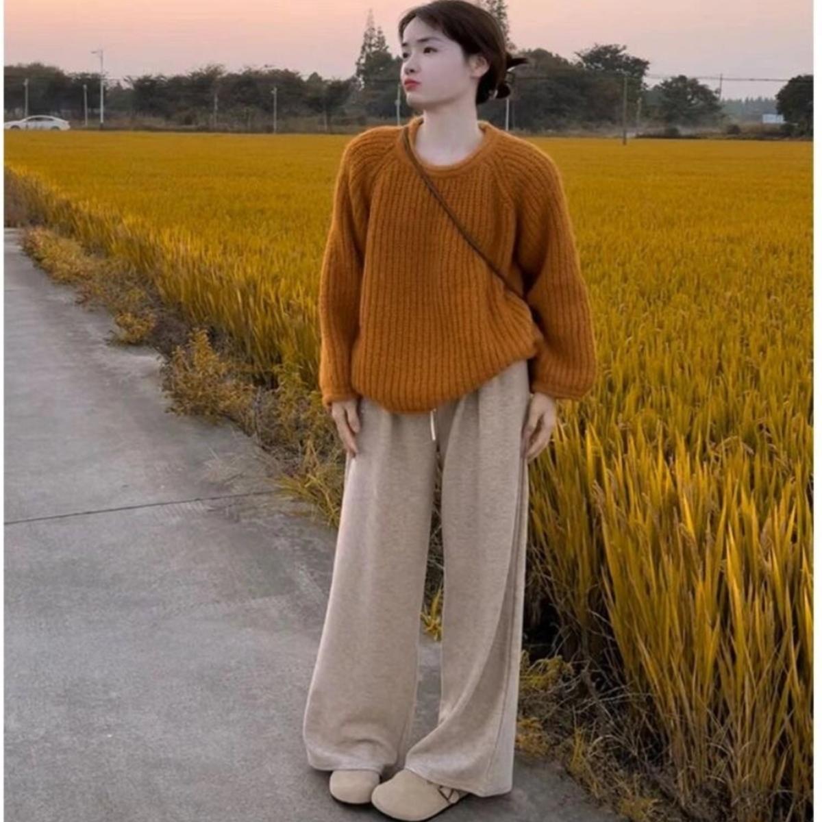 橘色圆领软糯毛衣女2024秋冬新款慵懒风加厚中长款套头针织衫上衣