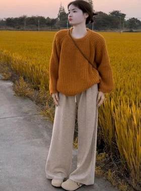 橘色圆领软糯毛衣女2024秋冬新款慵懒风加厚中长款套头针织衫上衣