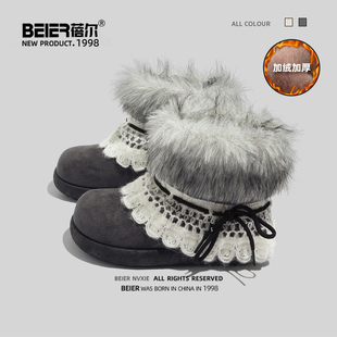 厚底短靴 冬加绒加厚棉鞋 蓓尔费尔岛毛毛雪地靴千禧风女款 2025新款