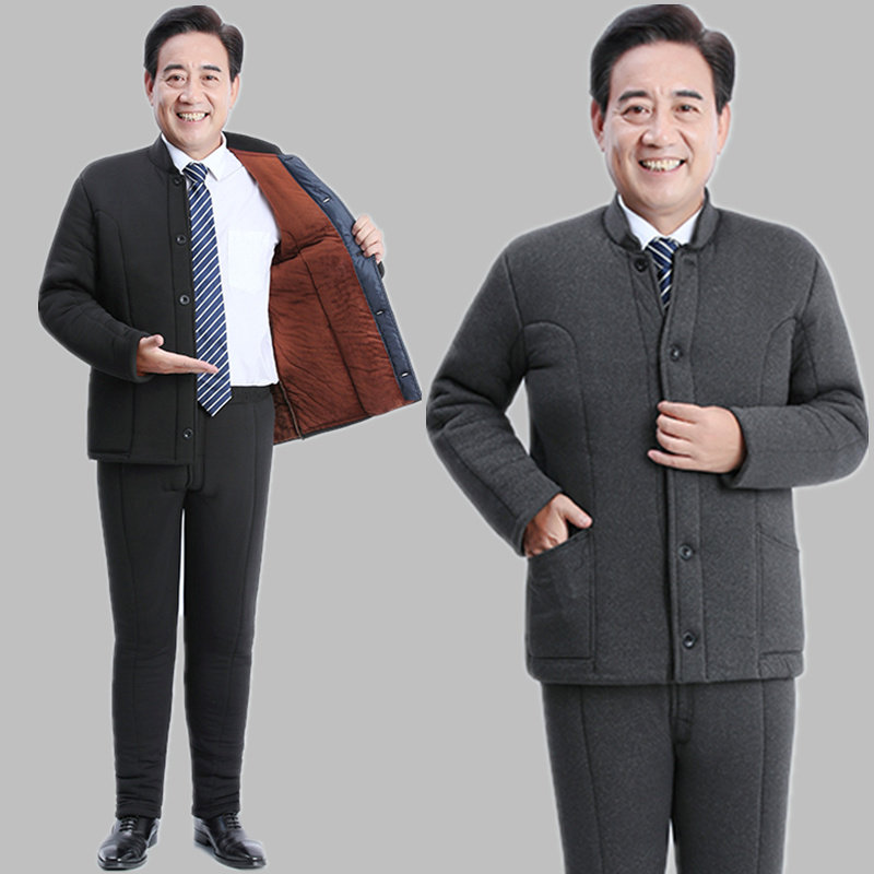 중노년층은 벨벳 두껍고 두꺼운 낙타 벨벳 솜 패딩 재킷을 추가하여 따뜻함을 유지하고 헐렁한 집 아빠의 솜털 옷 면 바지 및 솜털 옷
