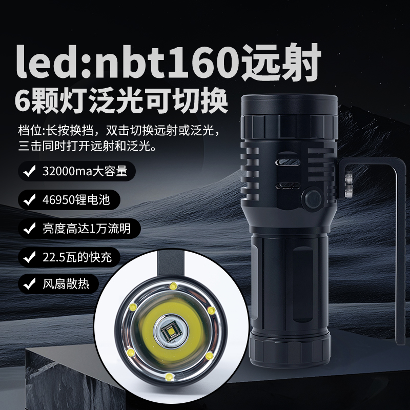 硕丽德BT980 远射+泛光可切换手电筒 46950 32000MA电池风扇散热