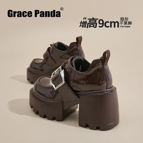 日系小皮鞋厚底9CM粗高跟单鞋女