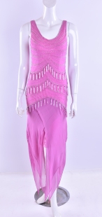 美国1920s桃红色精美真丝钉珠背心流苏摆尾礼服连衣裙 千姿阁