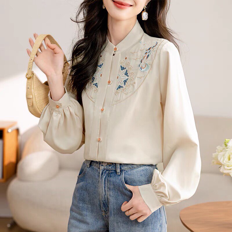新中式日常国风长袖衬衫女春装2024新款复古长袖上衣高级女士衬衣