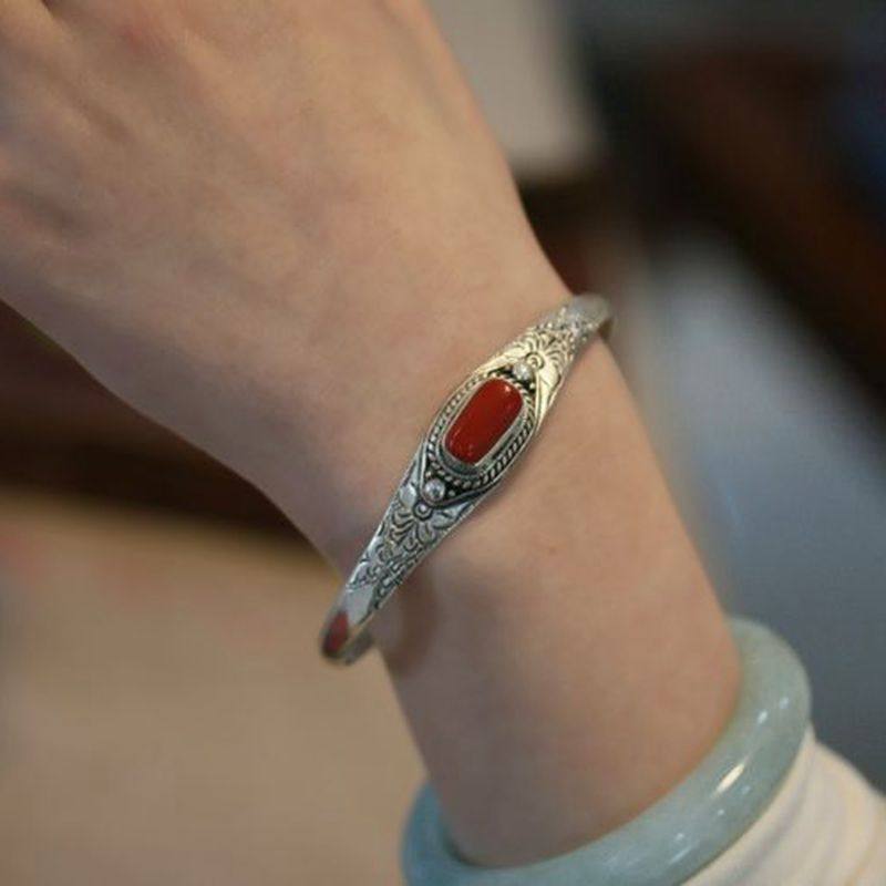 尼泊尔手工男女款925纯银手镯复古个性简约红珊镯子银饰开口小众