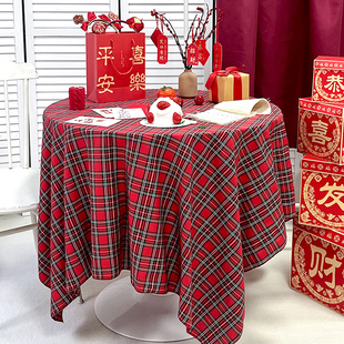 新年桌布红色格子2026新款圣诞氛围感装饰餐桌茶几圆桌方桌背景布