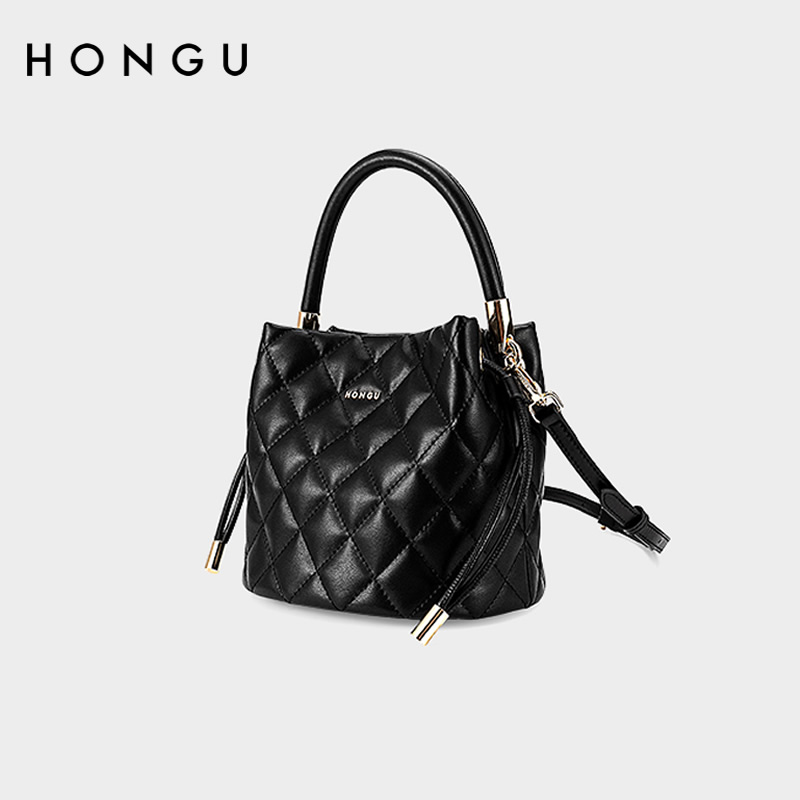 红谷手提精致菱格通勤斜挎水桶包