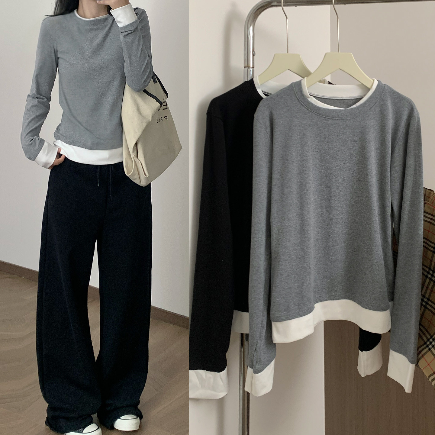 正肩棉长袖假两件拼接t恤春季2026新款小个子内搭显瘦运动上衣女