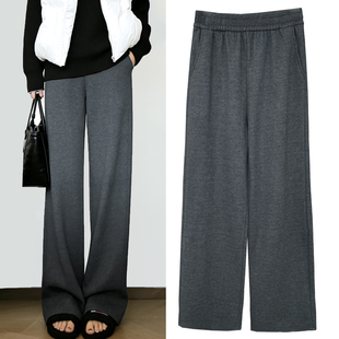 深灰色毛呢加绒休闲裤2025新款冬季高腰加厚人字纹直筒阔腿裤女