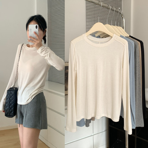 正肩蓝色长袖t恤女纯欲上衣