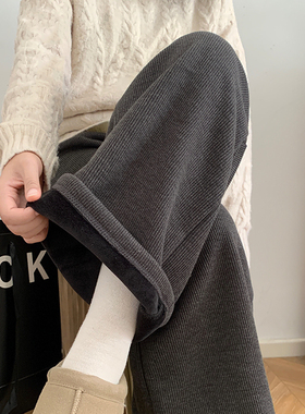 加绒加厚黑灰色阔腿裤女秋冬季2025新款高级感高腰垂感休闲直筒裤