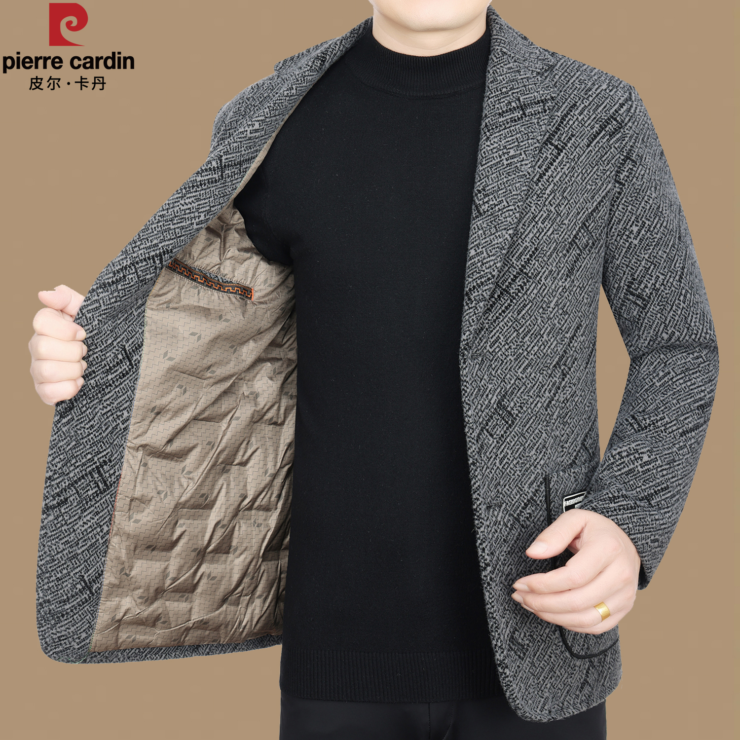皮尔卡丹羽绒西装男士商务休闲中青年西服加厚爸爸装秋冬单西外套