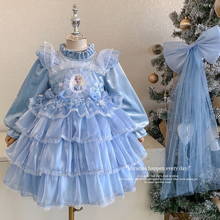 高端爱莎公主裙子女童冬季爱沙新款冰雪奇缘加绒洛丽塔艾莎连衣裙