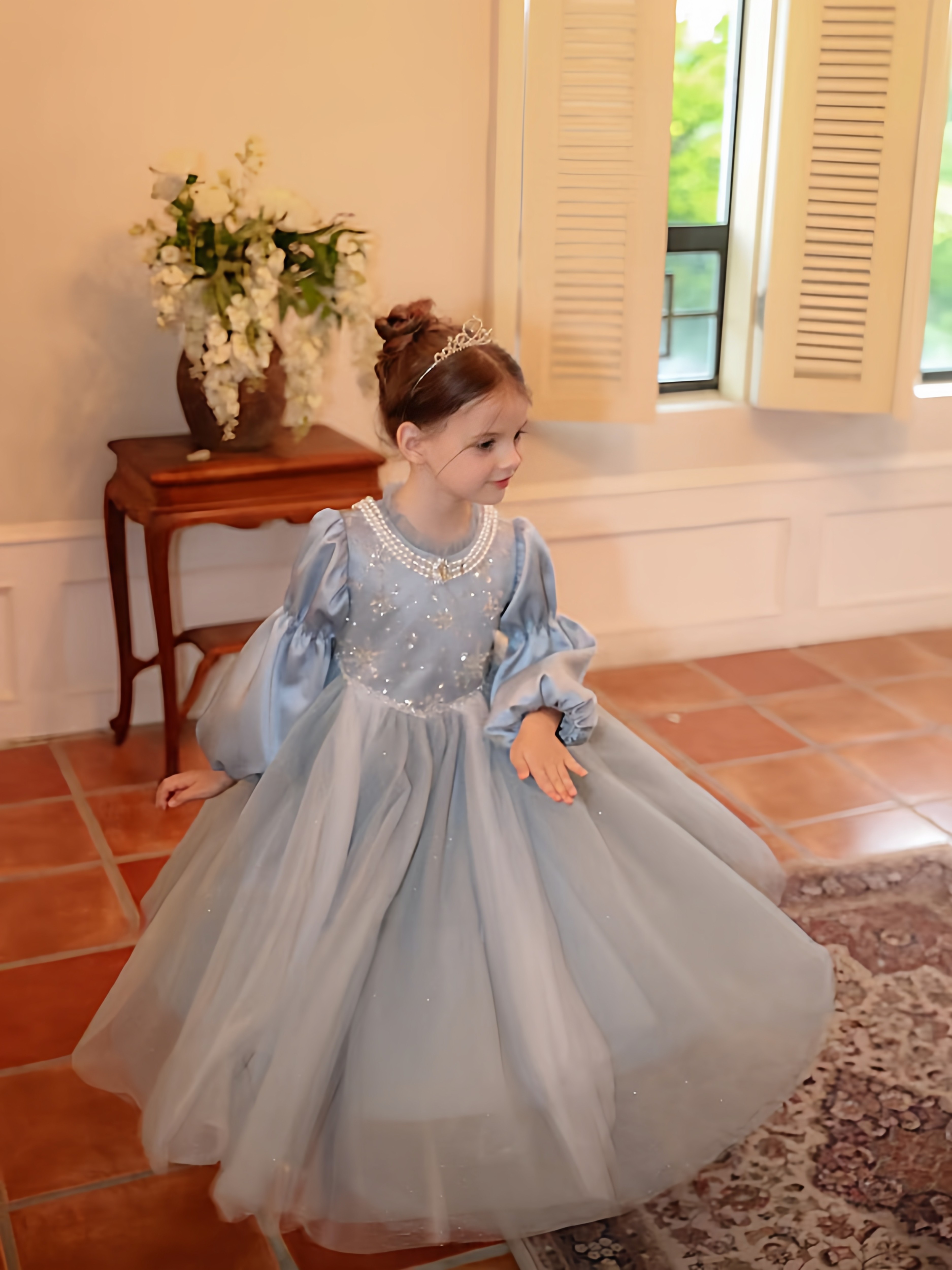 女童秋冬季加绒加厚新款爱莎公主裙儿童生日连衣裙泡泡袖网纱礼服