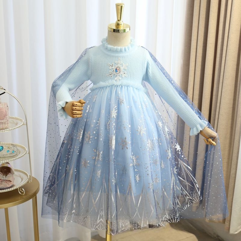 女童爱莎公主裙秋冬加绒加厚冰雪奇缘艾莎毛衣裙披风水貂毛网纱裙