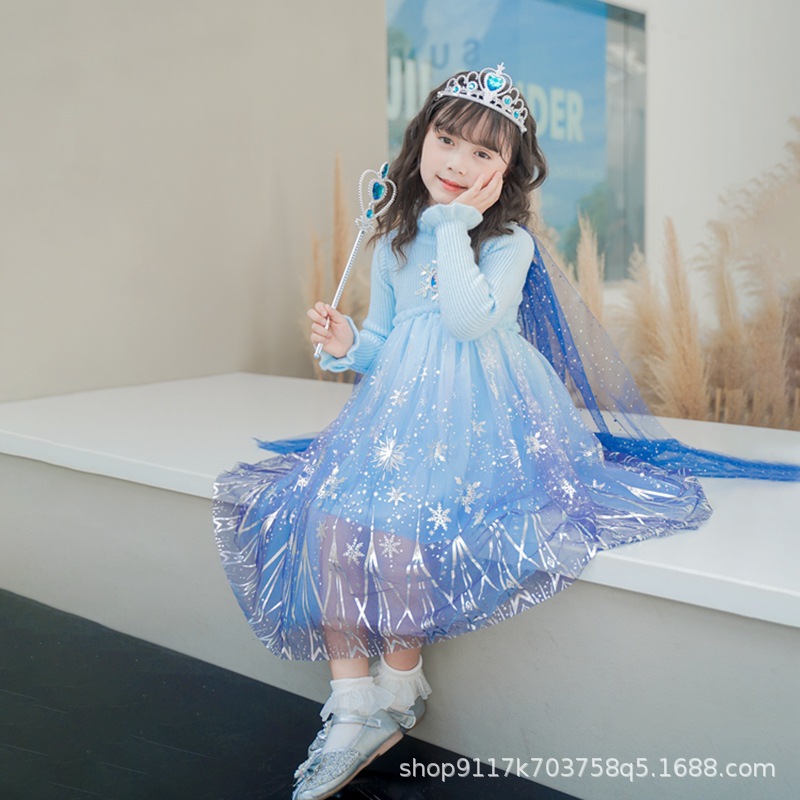 女童爱莎公主裙秋冬新款毛衣裙生日加绒加厚冰雪奇缘连衣裙网纱裙