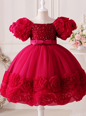 女童周岁红色礼服公主裙抓周宝宝生日主持人绿色连衣裙钢琴演出服