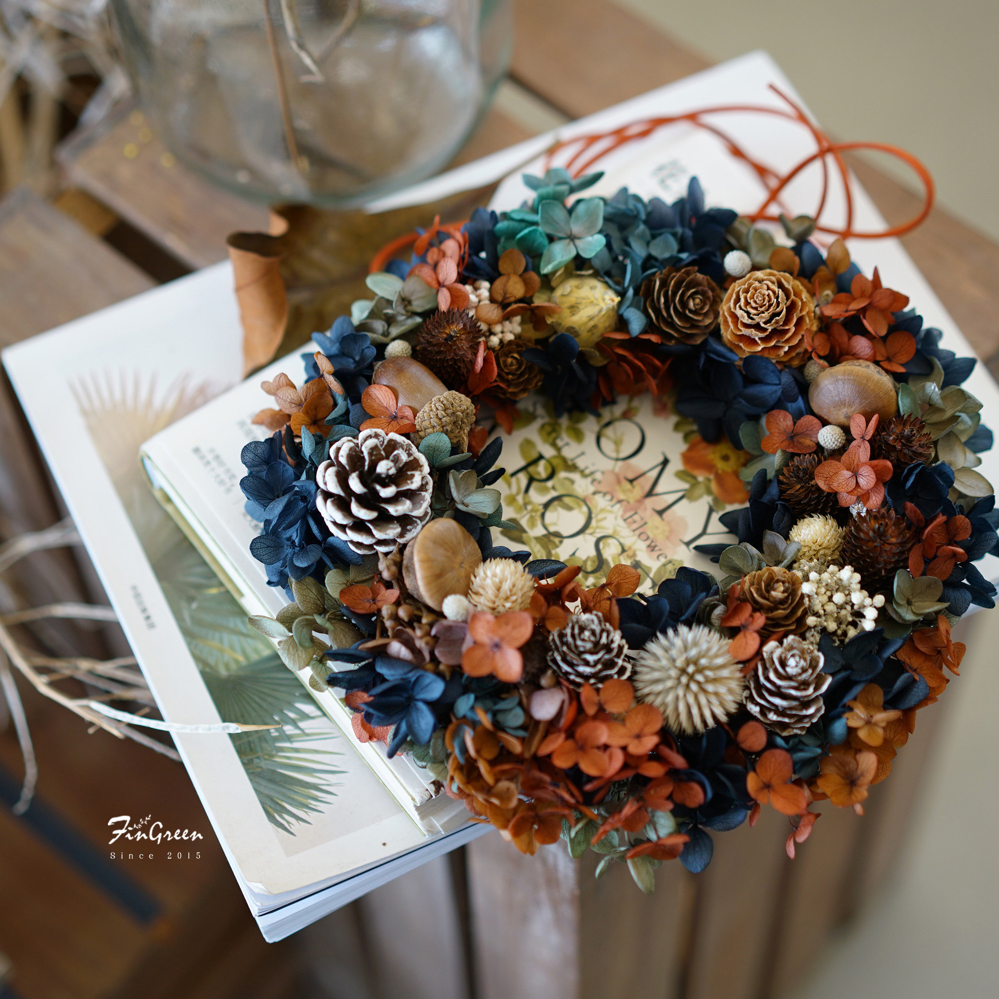【FinGreen】圣诞四季花环永生花绣球松果制作家居装饰拍摄道具