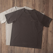 Double 卷边圆领宽松复古机车 T恤插肩袖 seam 拼色口袋短袖