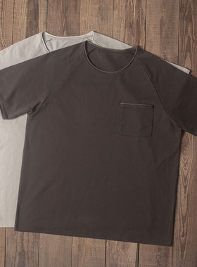 Double seam 拼色口袋短袖T恤插肩袖 卷边圆领宽松复古机车