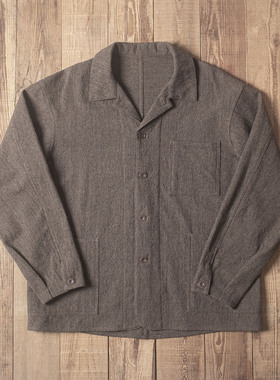 Double Seam薄羊毛宽松外套古巴领衬衣夹克麻棉条纹420克复古衬衫