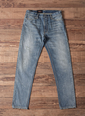 Double Seam 洗水做旧复古牛仔裤长裤修身直筒 磨破猫须红边赤耳