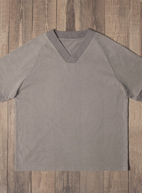 Double Seam拼色V领短袖T恤 宽松透气复古 新中式做旧洗水