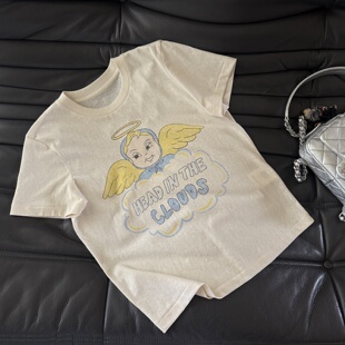 美式复古天使宝宝印花短袖T恤 26年春季新款 舒适正肩小版型上衣