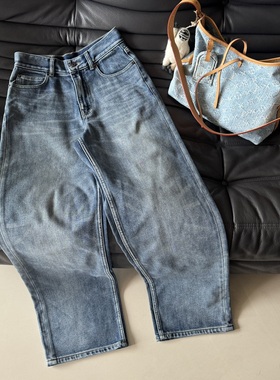 法式蓝色加绒牛仔裤 ce神裤薄绒保暖阔腿裤宽松直筒裤