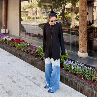 蕾丝拼接侧开衩长袖T恤裙 25年秋季新款 可叠搭宽松版型长款上衣