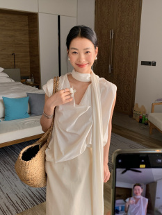 老钱风奶油白色飘带背心 上衣 60支双股平纹细棉围脖领无袖