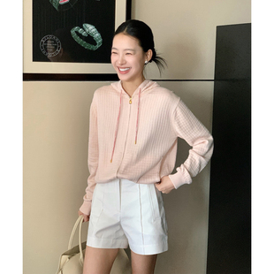 粉色连帽针织开衫 老钱风桑蚕丝棉格纹拉链连帽衫