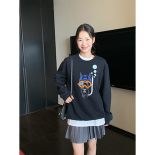 老钱风重工潜水马加绒圆领卫衣 25年冬季新款 卡通图案宽松上衣