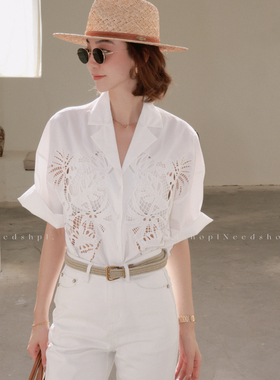 NeedShop1 夏季新款白色古巴领精致刺绣镂空短袖衬衫女